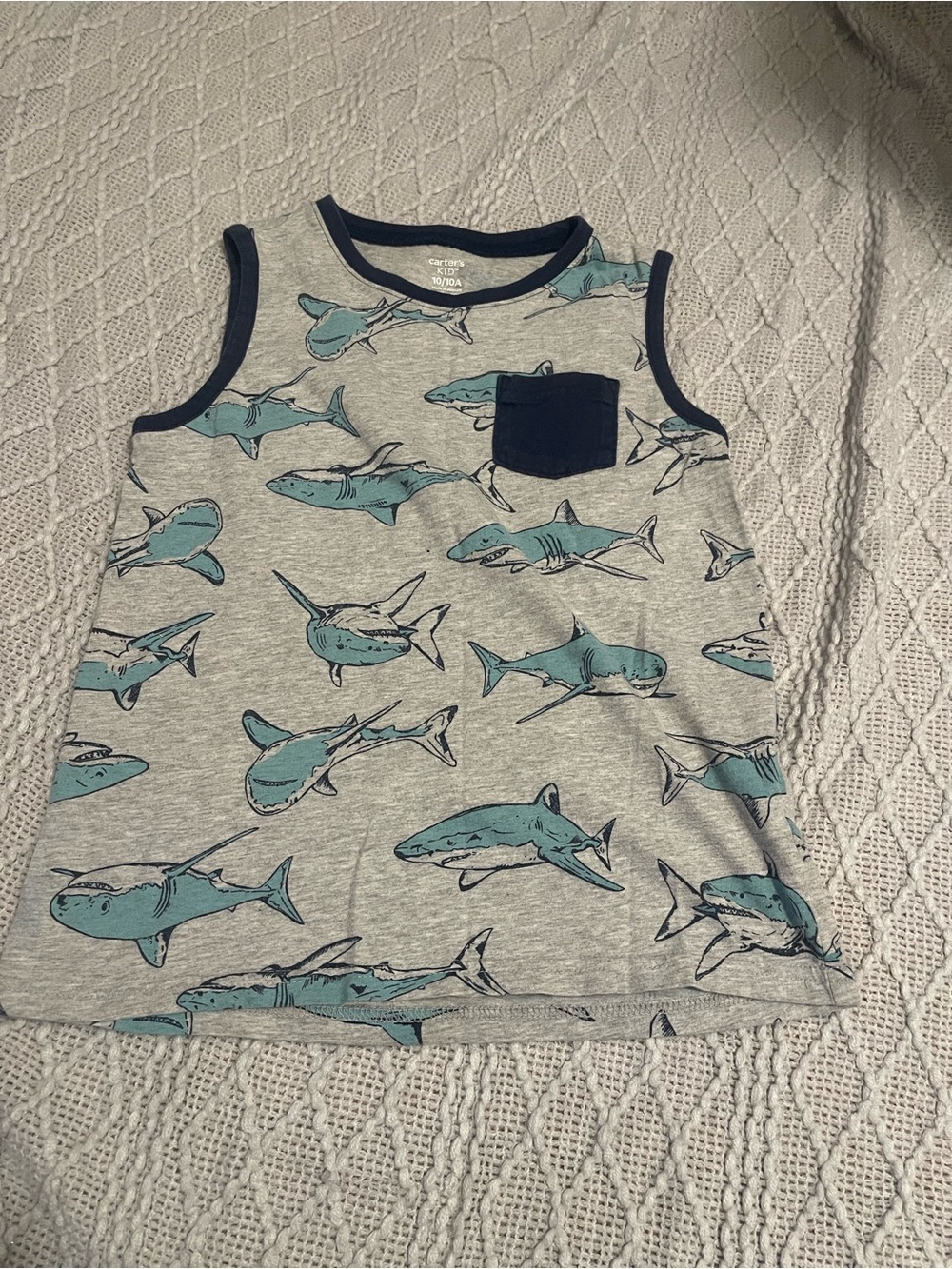Carter's Gray Tank Top with Teal Shark Print and Navy Trim